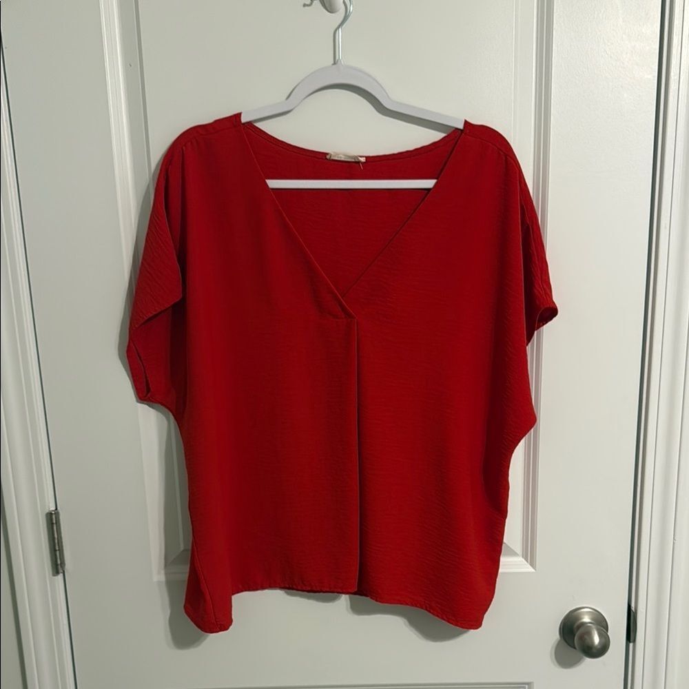 Red V-Neck Women's Top
